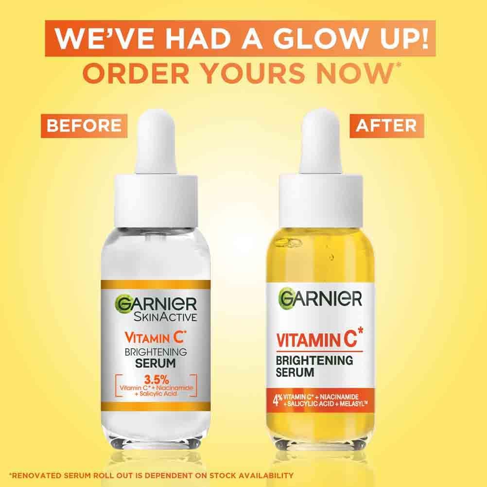 Garnier SkinActive Vitamin C Brightening Serum for Face, with Vitaminc C, Niacinamide & Salicylic Acid, Brightens Skin, Reduces Dark Spots & Evens Skin Tone, Serum 30ml