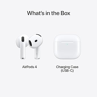 Apple AirPods 4 Wireless Earbuds, Bluetooth Headphones, Personalised Spatial Audio, Sweat and Water Resistant, USB-C Charging Case, H2 Chip, Up to 24 Hours of Battery Life, Effortless Setup for iPhone