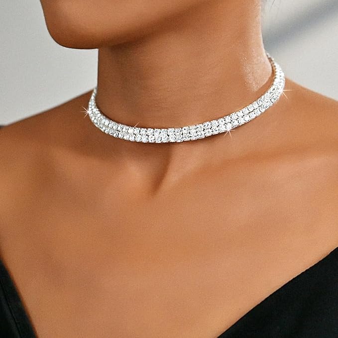 Handcess Rhinestone Choker Necklace Silver Sparkly Crystal Layered Necklaces Bridal Necklace Jewelry for Women