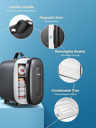 FOHERE Mini Fridge Portable, 5 Liter/6 Cans Small Fridge Cooler, Quiet, USB+AC Power, Cmpact Mini Fridge for the Office, Bedroom, Car, Travel, Black [Energy Class E]