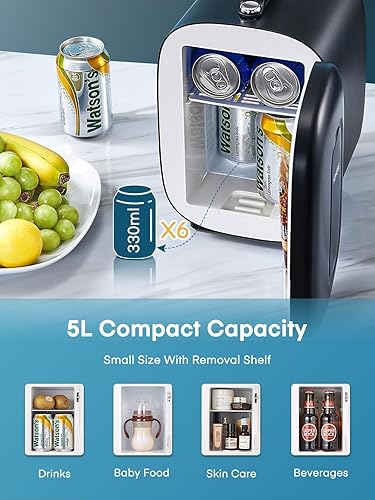 FOHERE Mini Fridge Portable, 5 Liter/6 Cans Small Fridge Cooler, Quiet, USB+AC Power, Cmpact Mini Fridge for the Office, Bedroom, Car, Travel, Black [Energy Class E]