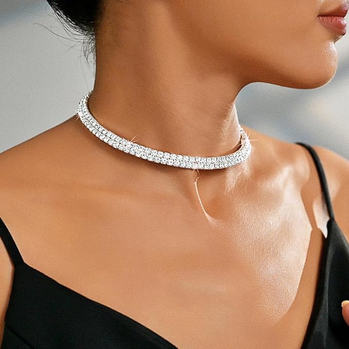 Handcess Rhinestone Choker Necklace Silver Sparkly Crystal Layered Necklaces Bridal Necklace Jewelry for Women
