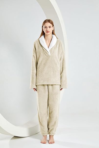 Iconic Fleece Pajamas Sets for Women Shawl Neck Fuzzy Soft Cozy Tops and Fluffy Bottoms Nightwear for Winter
