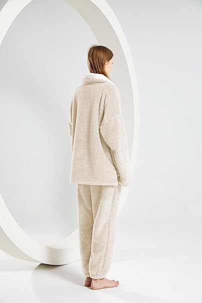 Iconic Fleece Pajamas Sets for Women Shawl Neck Fuzzy Soft Cozy Tops and Fluffy Bottoms Nightwear for Winter