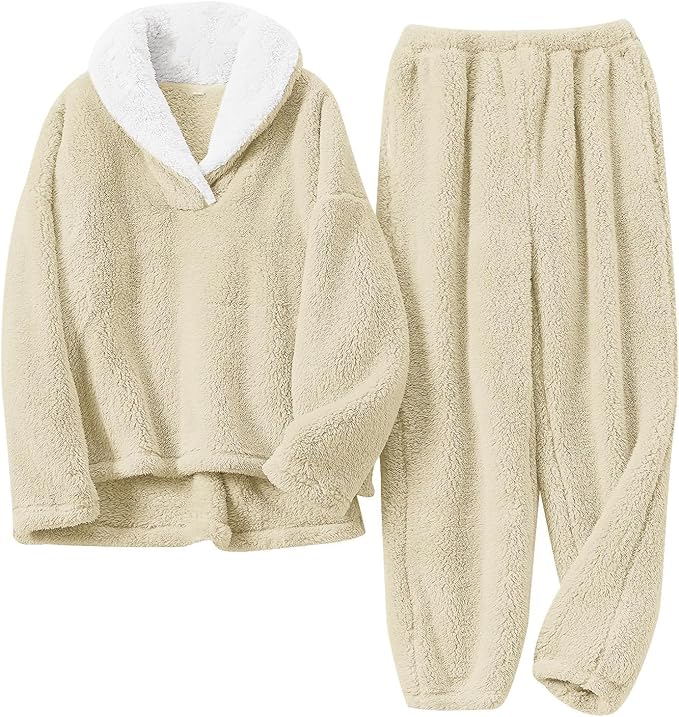 Iconic Fleece Pajamas Sets for Women Shawl Neck Fuzzy Soft Cozy Tops and Fluffy Bottoms Nightwear for Winter