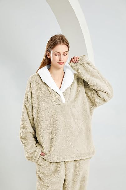 Iconic Fleece Pajamas Sets for Women Shawl Neck Fuzzy Soft Cozy Tops and Fluffy Bottoms Nightwear for Winter