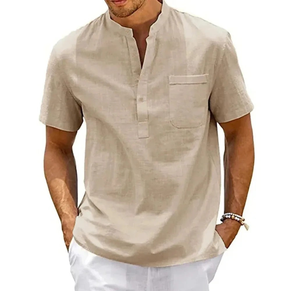 Iconic Made Cotton Linen Shirt Men Henley Neck Pocket Casual Beach Short Sleeve Solid Color Male Tops T-shirts Vintage Streetwear