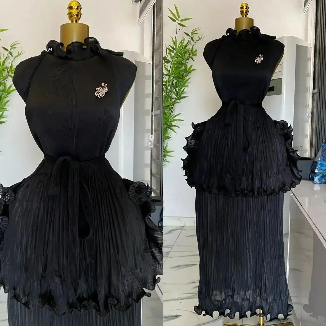 Iconic 2025 Summer New Pleated Dress Women's Solid Sleeveless Ruffles Lace Bottom Skirt with Belt Fashion Female Dresses