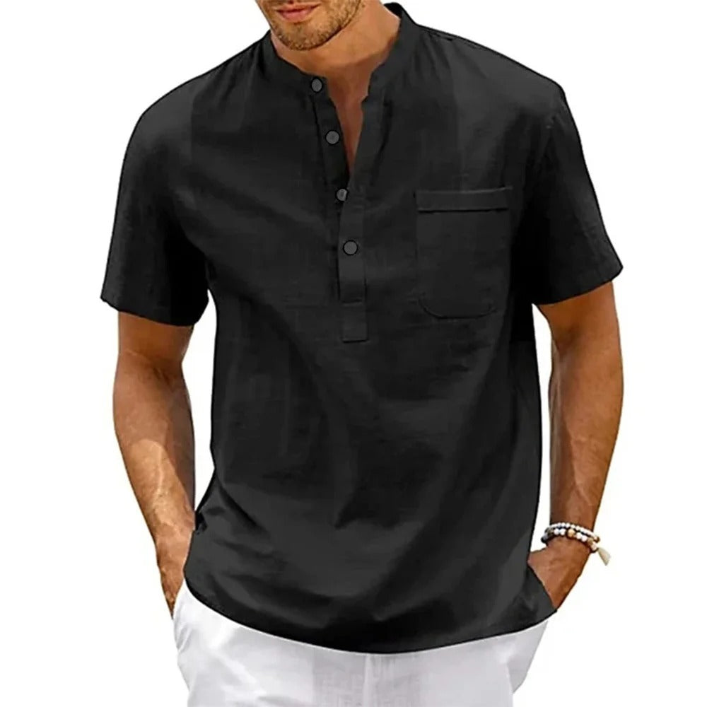 Iconic Made Cotton Linen Shirt Men Henley Neck Pocket Casual Beach Short Sleeve Solid Color Male Tops T-shirts Vintage Streetwear