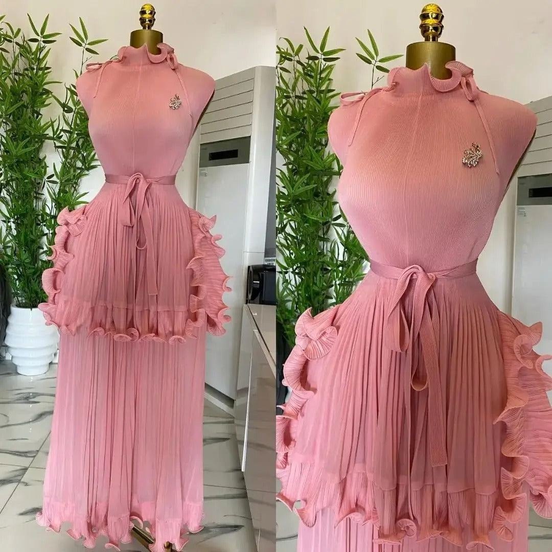 Iconic 2025 Summer New Pleated Dress Women's Solid Sleeveless Ruffles Lace Bottom Skirt with Belt Fashion Female Dresses