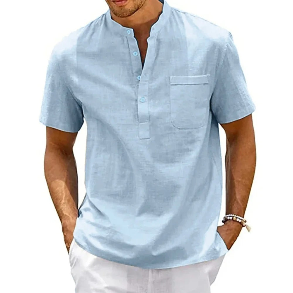 Iconic Made Cotton Linen Shirt Men Henley Neck Pocket Casual Beach Short Sleeve Solid Color Male Tops T-shirts Vintage Streetwear