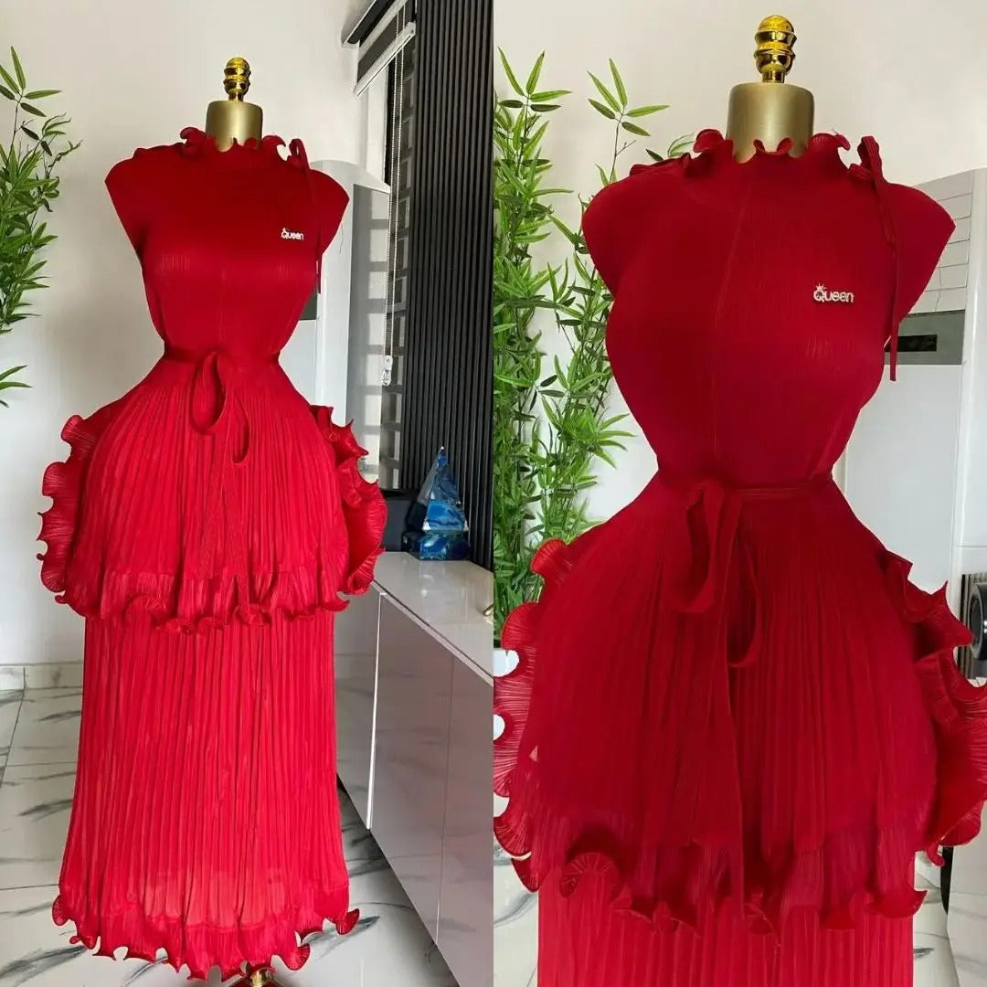 Iconic 2025 Summer New Pleated Dress Women's Solid Sleeveless Ruffles Lace Bottom Skirt with Belt Fashion Female Dresses