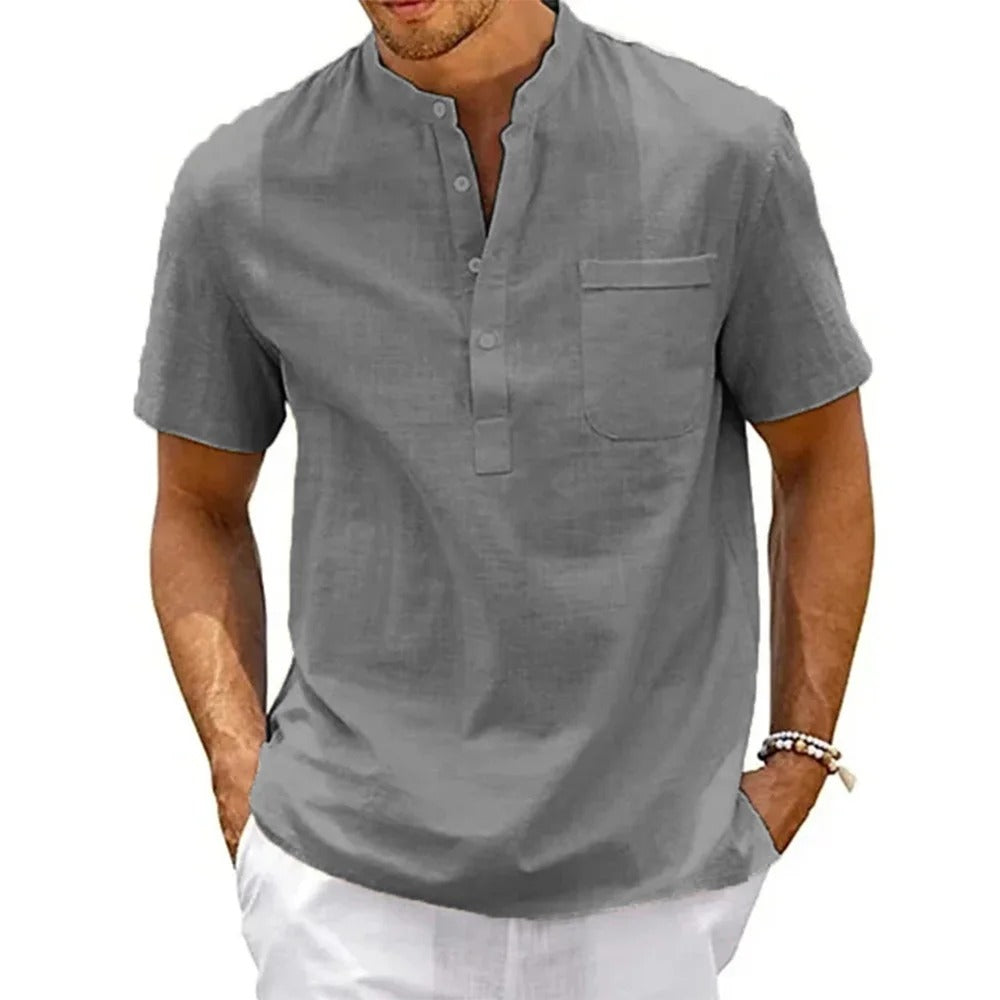 Iconic Made Cotton Linen Shirt Men Henley Neck Pocket Casual Beach Short Sleeve Solid Color Male Tops T-shirts Vintage Streetwear