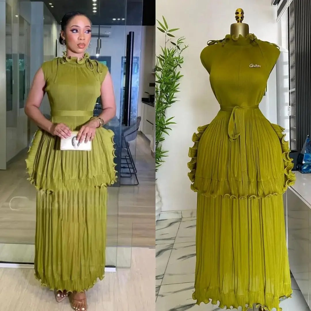 Iconic 2025 Summer New Pleated Dress Women's Solid Sleeveless Ruffles Lace Bottom Skirt with Belt Fashion Female Dresses