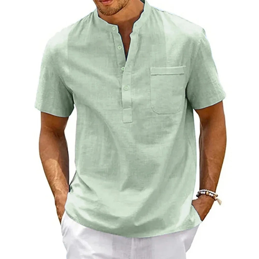 Iconic Made Cotton Linen Shirt Men Henley Neck Pocket Casual Beach Short Sleeve Solid Color Male Tops T-shirts Vintage Streetwear