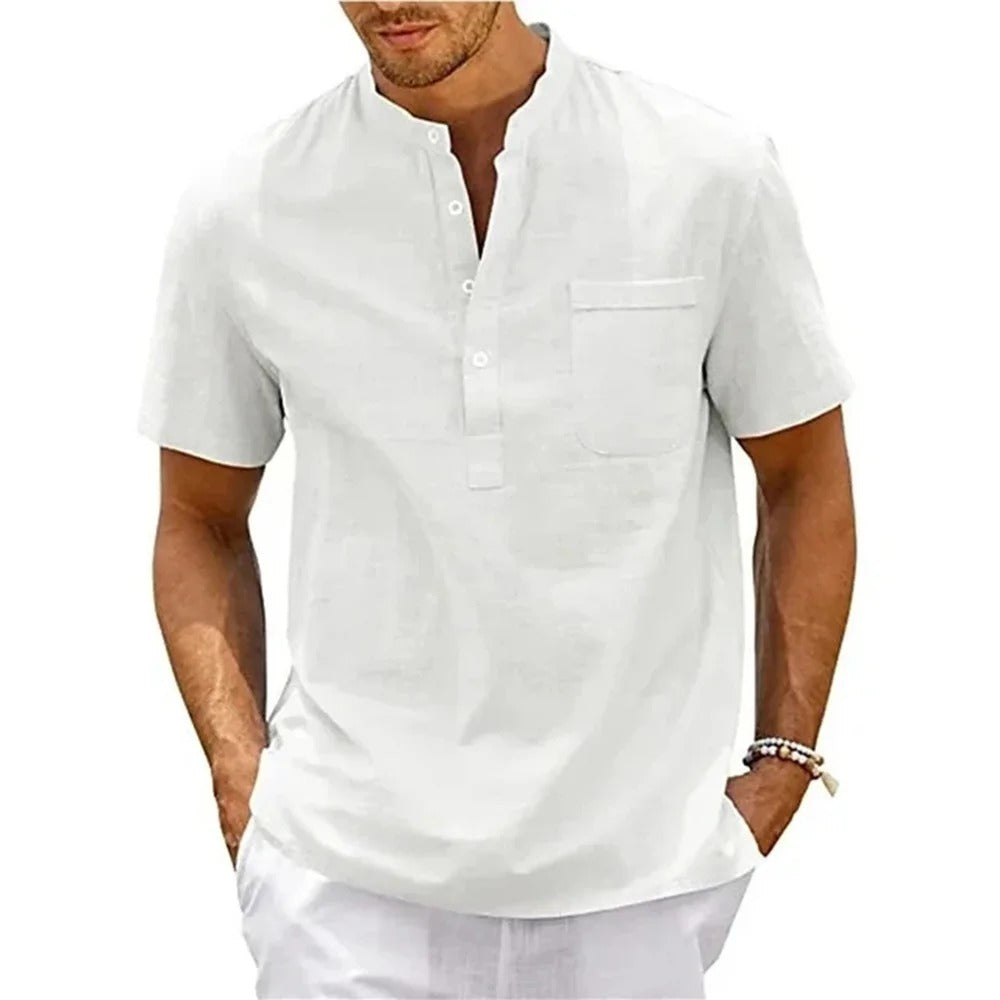 Iconic Made Cotton Linen Shirt Men Henley Neck Pocket Casual Beach Short Sleeve Solid Color Male Tops T-shirts Vintage Streetwear