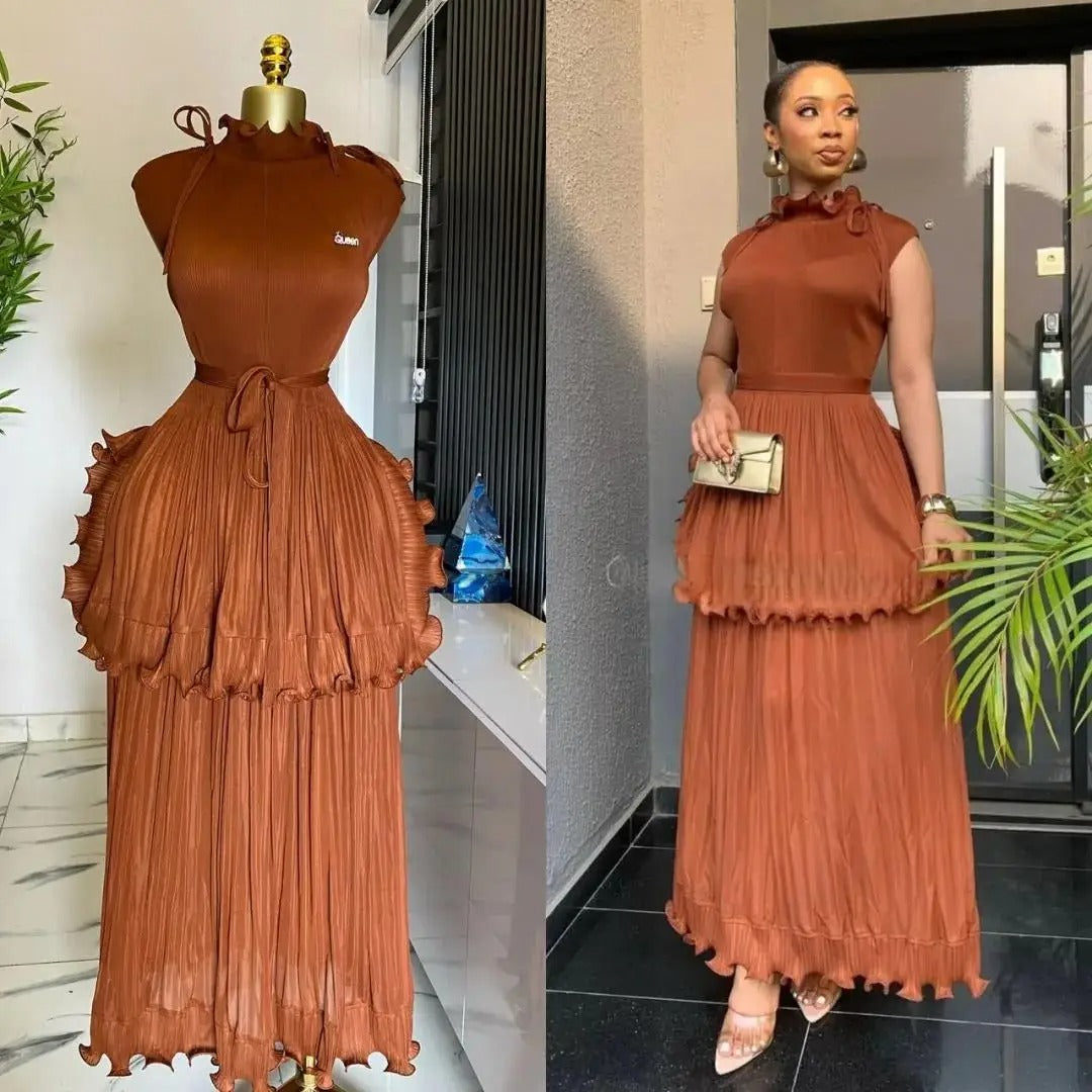 Iconic 2025 Summer New Pleated Dress Women's Solid Sleeveless Ruffles Lace Bottom Skirt with Belt Fashion Female Dresses