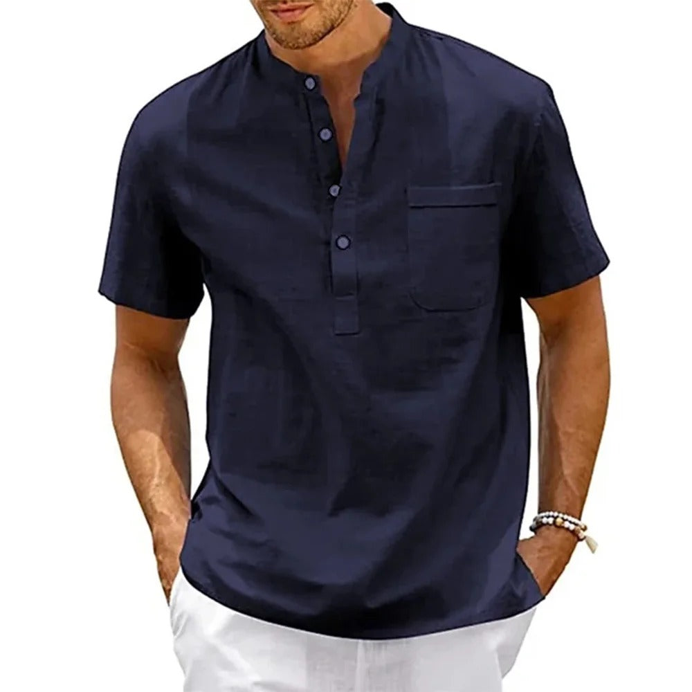 Iconic Made Cotton Linen Shirt Men Henley Neck Pocket Casual Beach Short Sleeve Solid Color Male Tops T-shirts Vintage Streetwear
