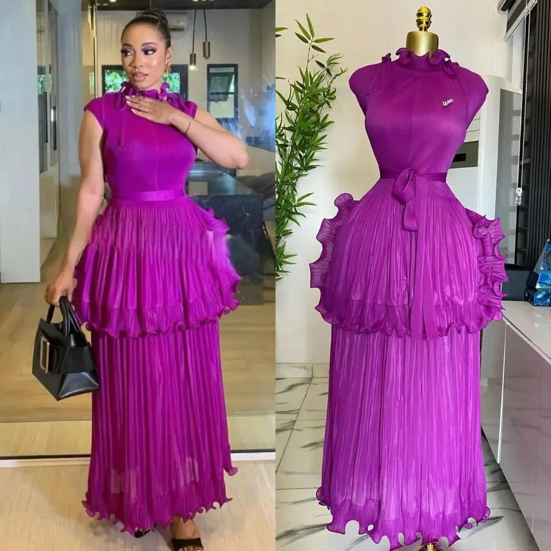 Iconic 2025 Summer New Pleated Dress Women's Solid Sleeveless Ruffles Lace Bottom Skirt with Belt Fashion Female Dresses
